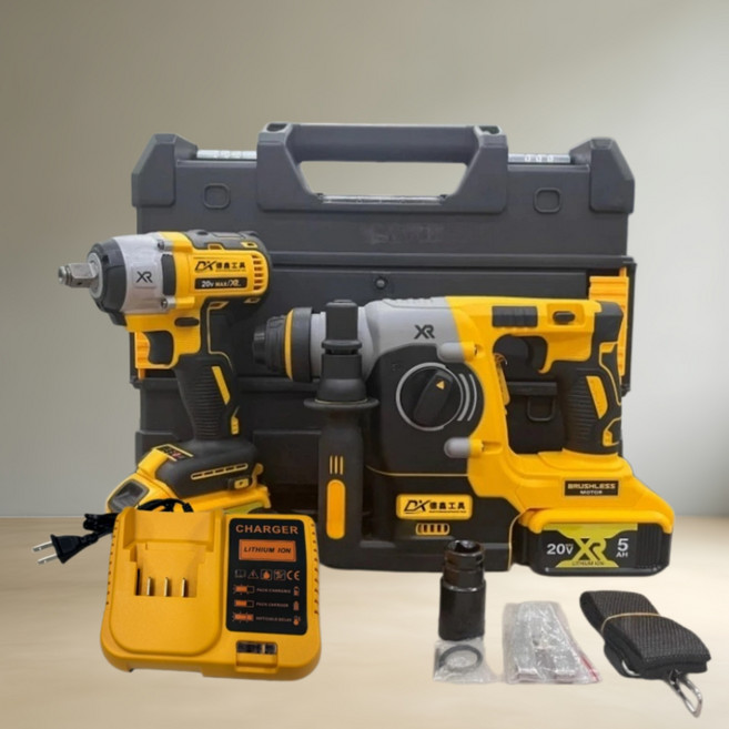 DEW 無刷 20V 雙機組 電鑽 電錘 衝擊起子機, 1個, 扳手+電錘【配5A電*2+座充+箱】