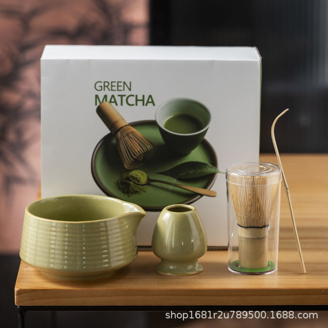 日式窯變抹茶打茶器工具套裝, 1個, 带嘴抹茶色4件套