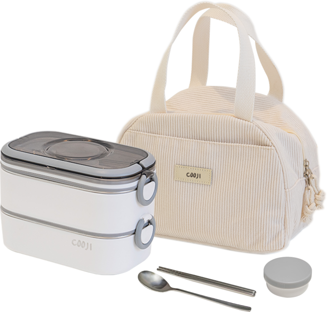 쿠지 2단 스텐도시락통 전자레인지 밀프랩 가방 세트, 1개, 밀크