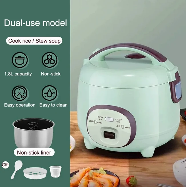 1.8L 완전 자동 논스틱 밥솥 수프 스튜 냄비 음식 찜기 이중 용도 보온 휴대용 도시락통 110V, 02 220V, 06 Dual-use Green