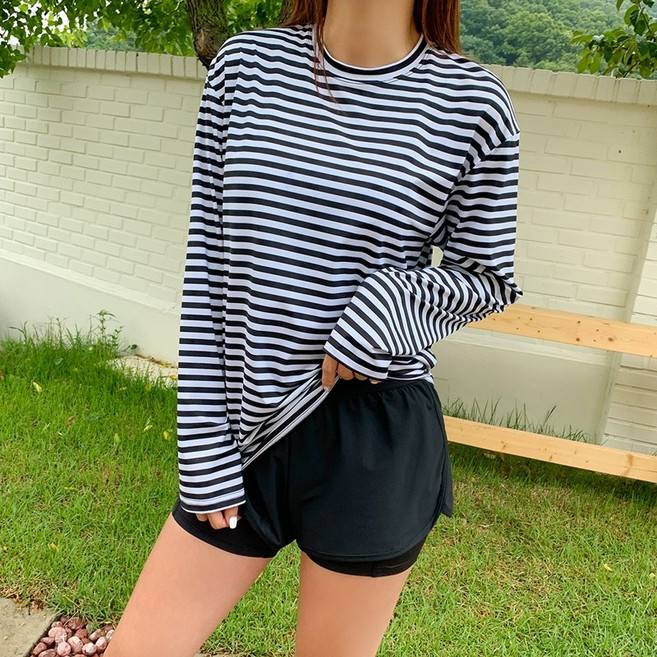 심플 라운드 스트라이프 래쉬가드 수영복 남여공용 SW18848F심플 라운드 스트라이프 래쉬가드 수영복 남여공용 SW18848F, 블랙, XL[105]