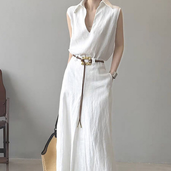 삼제태전여름 여성 세트 민소매 셔츠 블라우스 브이넥 플레어스커트 디자인 감각 통근 롱 세트