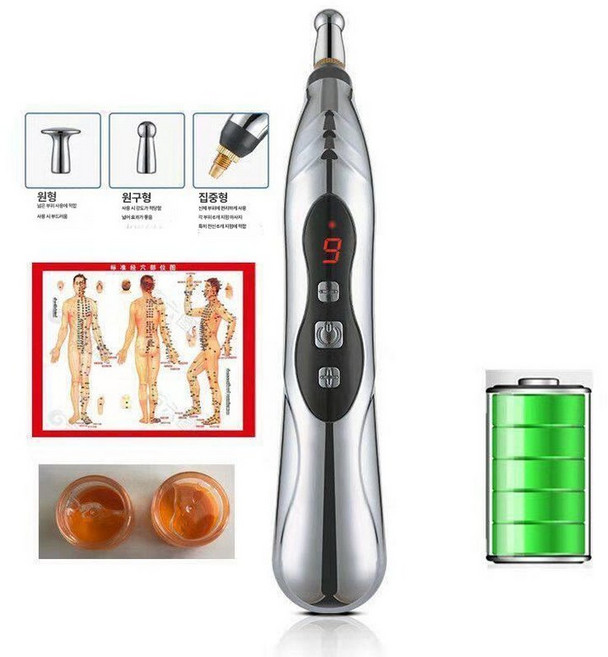 전자 지압펜 도구 마사지 스테인레스 압력 혈자리, 실버 슈프림 LCD 충전식 9단계 3헤드, 1개