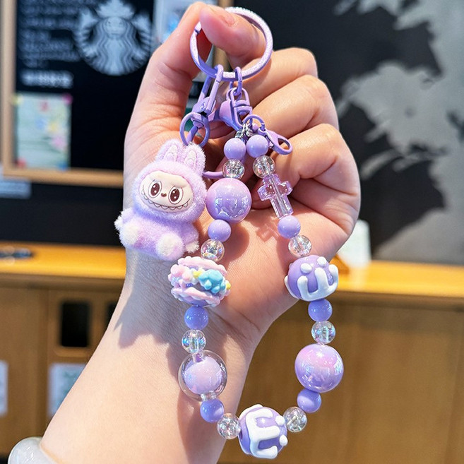 JONNEIC 조네익 라부부 Labubu 테이스티 마카롱 페이스 인형 컬러비즈 핸드폰 스트랩 열쇠고리, 1개, 보라