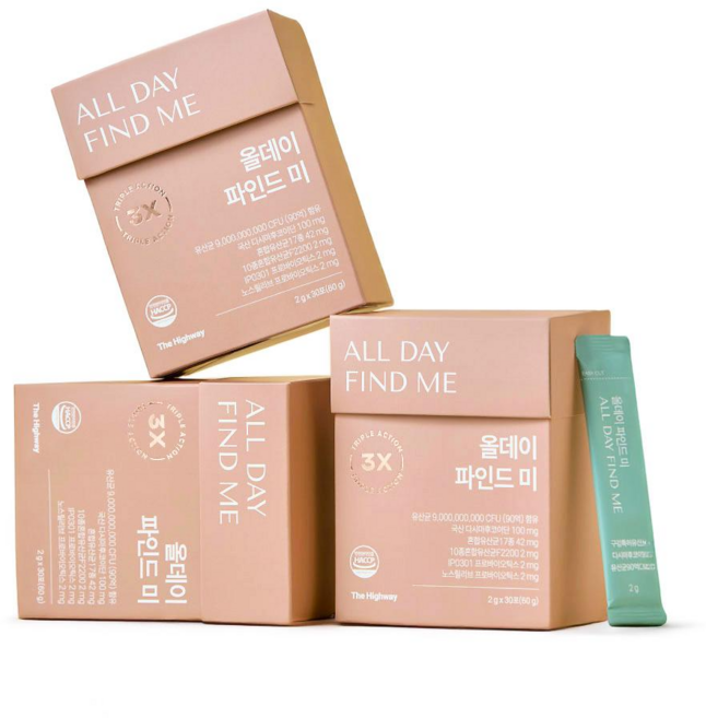 올데이파인드미 장 뇌 구강 특허 후코이단 노스릴리브 프로바이오틱스 유산균 30포, 60g, 3개