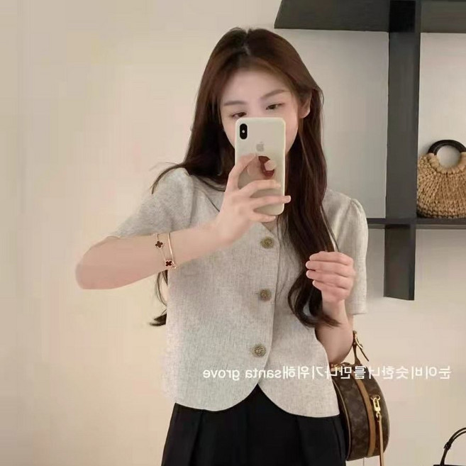 프렌치 여자 반팔 트위드 자켓 숏 싱글 정장 코트 얇은 반팔 재킷 아우터 여름 여성 상의 YJW