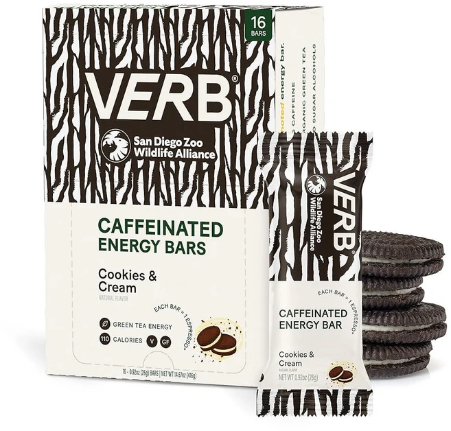 버브 카페인 에너지 바 생일 케이크 (26g 16팩) 110칼로리 맛있는 저설탕 - 80mg 녹차 카페인이 함유된 글루텐 프리 이동 중 간식 한 실제 식품 성분, Cookies And Cream, 16 Count (Pack of 1), 26g - 쿠팡