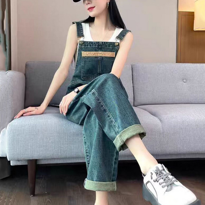 여성 데님 멜빵바지 봄가을 루즈핏 와이드하이웨스트 배색 캐주얼 점프수트