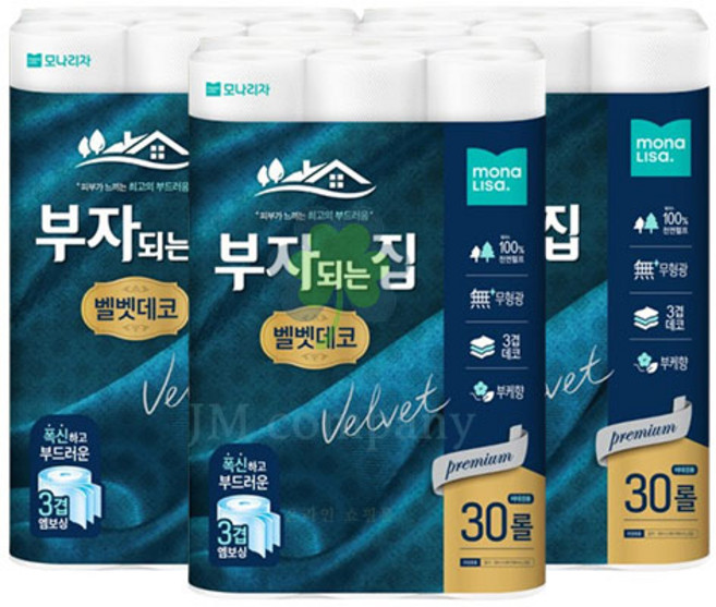 모나리자 천연펄프 벨벳데코 3겹 화장지, 3개, 30롤