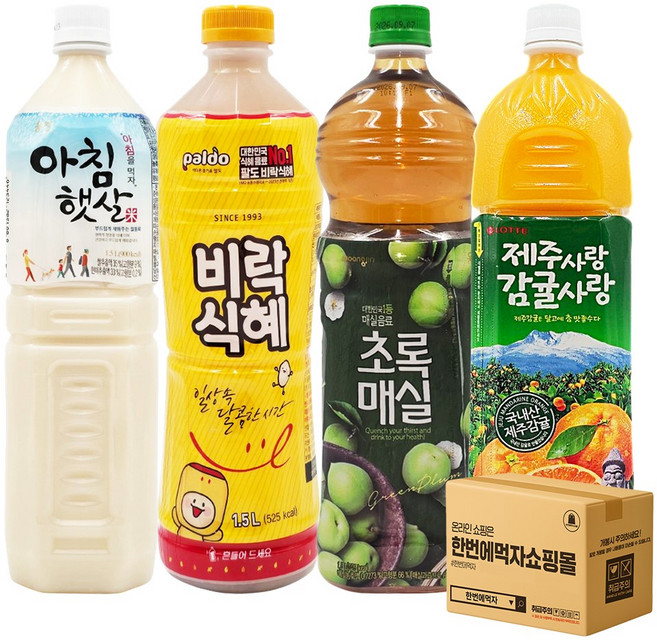 [한번에먹자] 대용량 음료수 혼합세트 / 제주감귤 + 비락식혜 + 초록매실 + 아침햇살 / 각1개씩 총4페트, 1세트, 1.5L