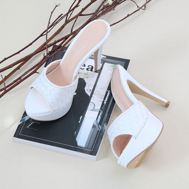 국내제작 뮬 스트랩 슬리퍼힐 여성슬리퍼 짜임 킬힐 가보시 격자