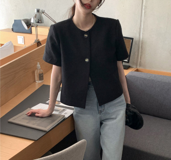 비비디아 Bibidia 2025 여름신상 여성 반팔 자켓 트위드 쇼트 상의 캐주얼 정장 재킷 5479