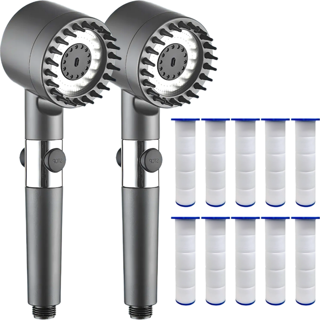 엘케이굿 폭풍 수압상승 삼단조절 샤워기헤드 2개 필터 10개, 건그레이, 1세트