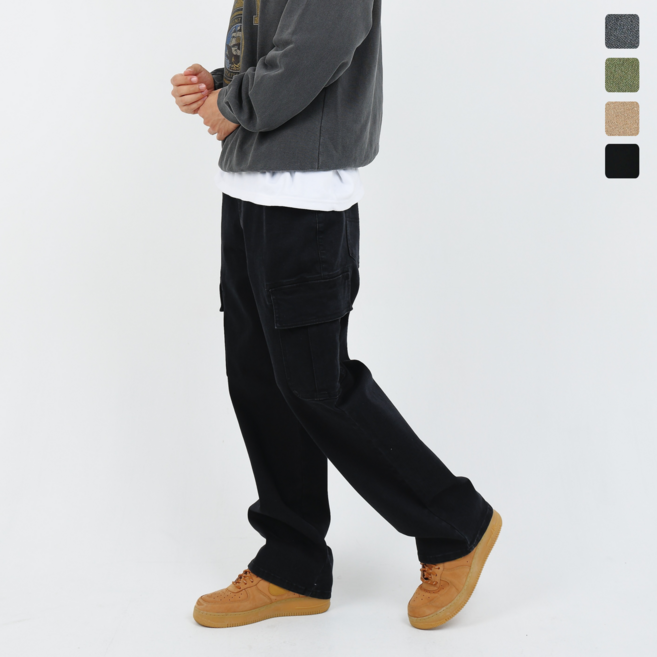 남자 피그먼트 와이드 카고 건빵바지 스판 밴딩 워크 팬츠