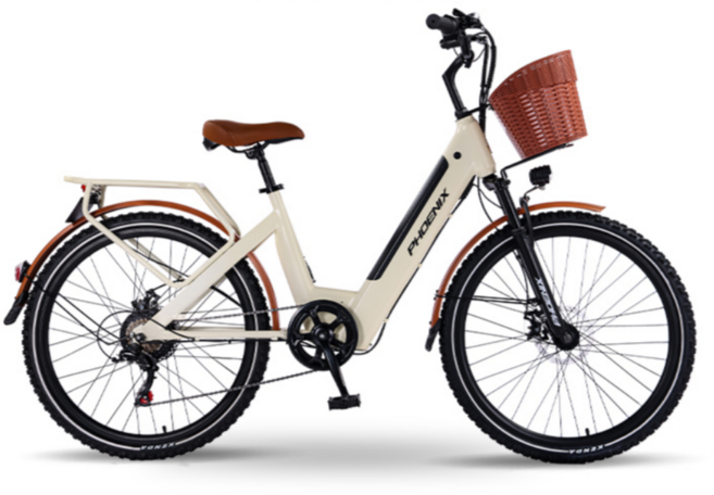 볼티크 여성용 전기자전거 출퇴근용 등하교용 남녀공용 7단 전동 바이크, 베이지 (스포크휠), 카본