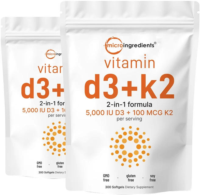 마이크로 인그리디언츠 비타민D3 5000IU & K2(MK7) 100mcg 300소프트젤 X 2, 300정, 2개 - 쿠팡