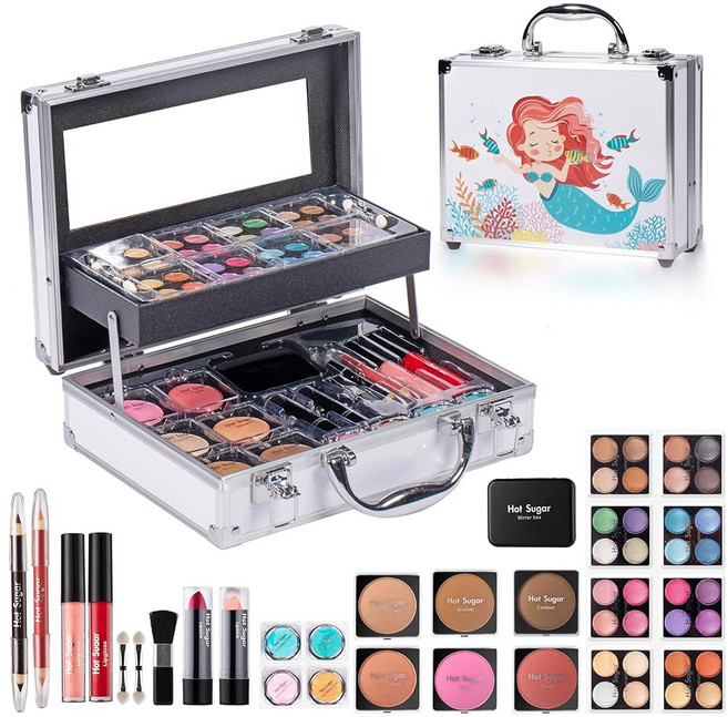 여성용 핫 슈가 메이크업 키트 아름다운 트레인 케이스가 포함된 틴 걸 스타터 선물 세트 색소 아이섀도 팔레트 블러셔 립스틱 립 펜슬 펜슬( ), W MERMAID
