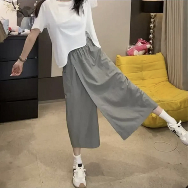 夏季薄款冰絲休閒裙褲女 垂感顯瘦闊腿八分中褲