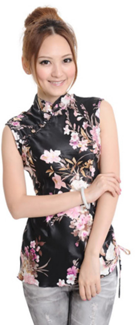 치파오나라 검정꽃 언발란스 치파오 상의 중국전통의상 국내배송