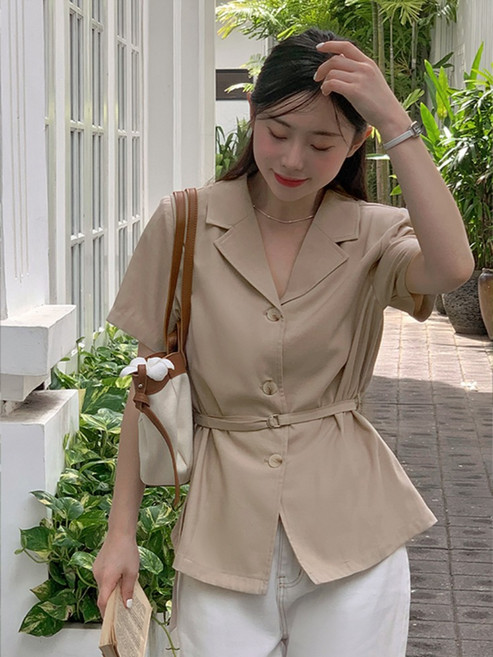 [리리앤코] 린데븐 린넨 벨트 카라넥 반팔 자켓