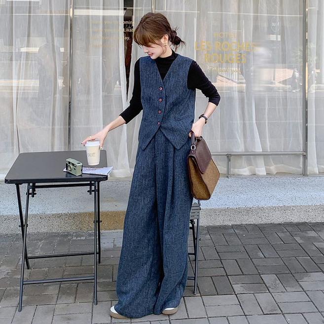 COSYEVNO 여성 봄 세트 조끼+와이드 팬츠 심플 통근 트랜드 슈트