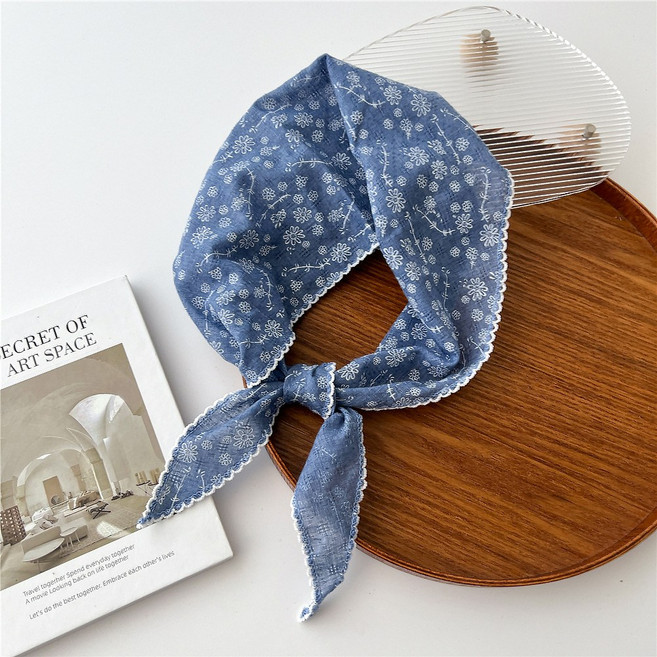 로튼 삼각 뜨개 쁘띠 미니 삼각 면 스카프 땀흡수 여성 봄 여름 가을 플라워 잔꽃