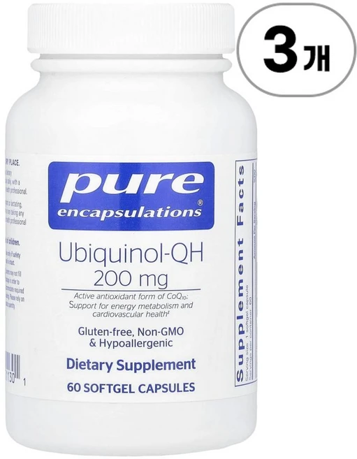 퓨어 인캡슐레이션 유비퀴놀 QH 200mg Pure Encapsulations Ubiquinol-QH 200 mg 60정, 3개 - 쿠팡