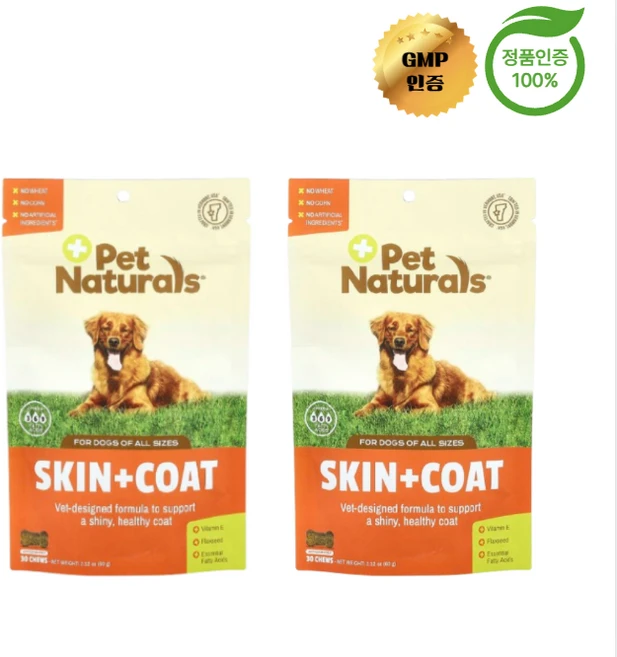 1+1 펫 내추럴스 오메가3 비타민E 피부 및 털 반려견용 츄어블 30개, 2개 - 쿠팡
