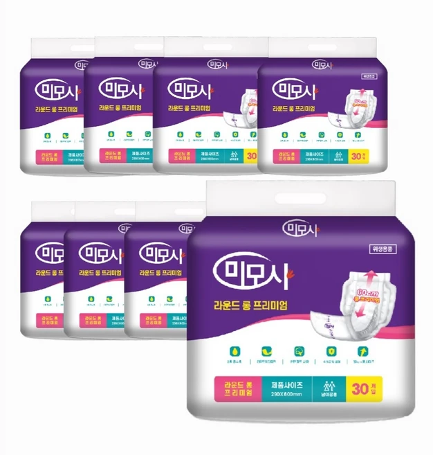 미모사 성인용 속기저귀 라운드 롱 프리미엄 60cm 1박스 240매 (30매x8팩), FREE(onesize), 1개, 80매입 - 쿠팡