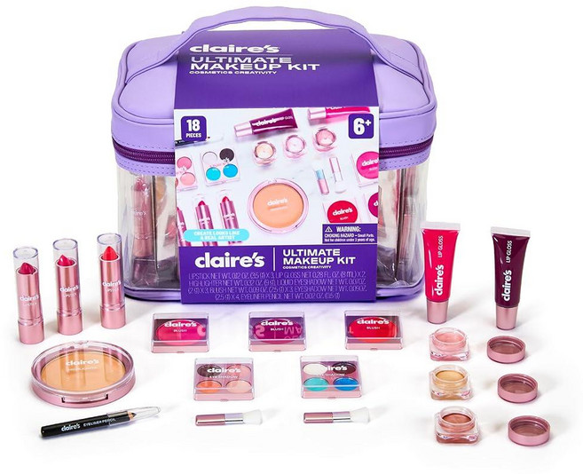 Claire's 얼티밋 메이크업 키트 18피스 리얼 화장품 세트 만 8-12세 아동용 메이크업 여아용 장난감 및 뷰티 활동 선물 립글로스 립스틱 아이섀도우 아이라이, Claire's 얼티밋 메이크업 키트, 18피스 리얼