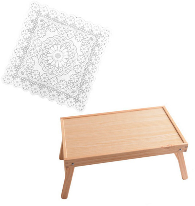 다세코 원목 접이식테이블+레이스식탁보 손잡이형 차박테이블 캠핑테이블 미니좌식테이블 노트북 테이블 우드책상, 기본형중형사이즈+레이스, 혼합색상