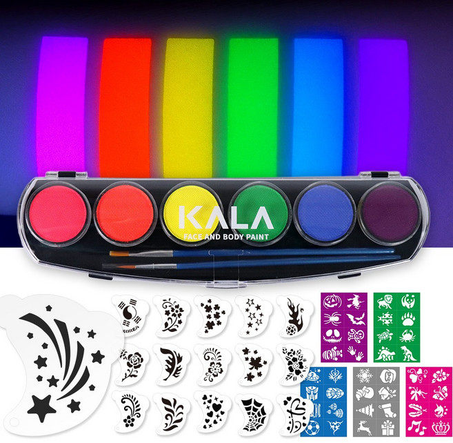 KALA 페이스페인팅 물감세트-수성 팔레트+스텐실 56종+브러쉬 2종포함 아트마스크 입시용 축제 행사용 할로윈 홈파티, 4_KALA네온6색(S)+스텐실56종