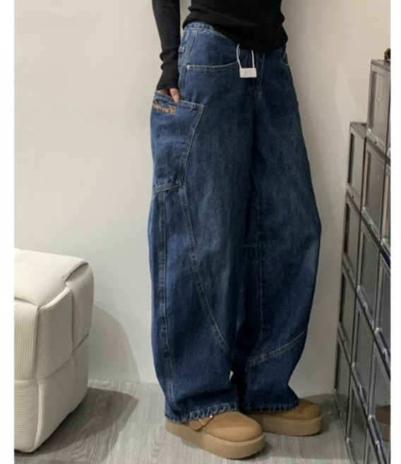 히또리 P0844 와이드 커브 베기 포켓 레터링 캐쥬얼 하비 청바지