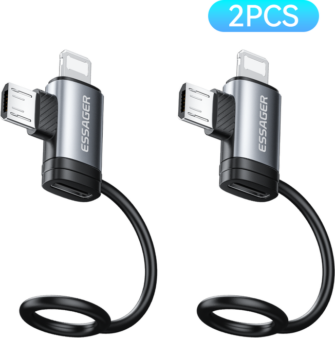 ESSAGER 포터블 C타입 to 듀얼 연장 라이트닝 8핀 마이크로 5핀 올인원 멀티 변환 젠더, 2개, 그레이, 28mm
