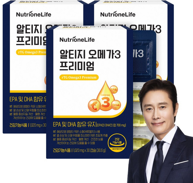 [본사출고] 뉴트리원 알티지 오메가3 프리미엄 혈행건강 rTG EPA DHA 쇼핑백 선물세트, 3개, 30정
