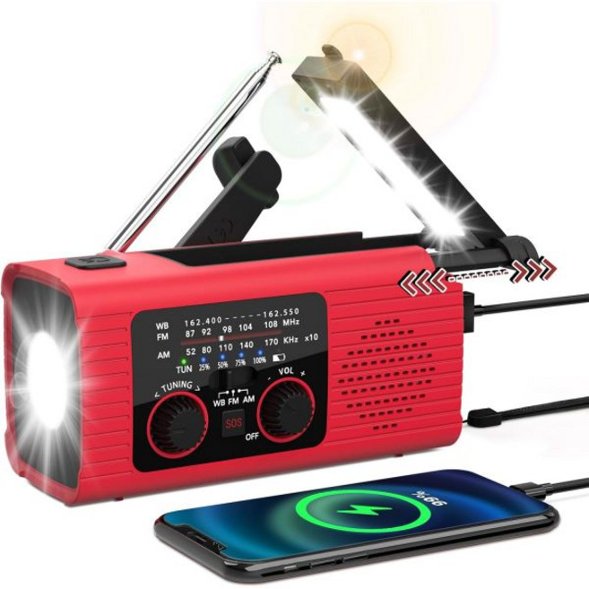 비상 기상 라디오 4000mAh NOAA 경보 태양광 충전 핸드 크랭크 및 USB LED 손전등이 있는 AM/FM 독서등 SOS 알람 실외 실내용 헤드폰 잭, Red
