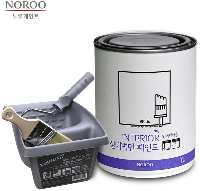 노루 수성 페인트 1L 실내 벽면용 벽지 셀프페인트 도구세트 핸디형, 화이트, 1개