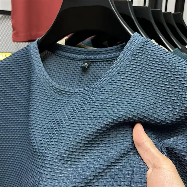 竹節網眼冰絲短袖 T恤男 M-5XL 舒適透氣 寬鬆 褶皺肌理感 多色可選