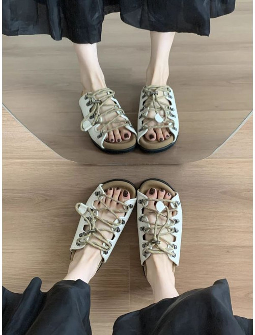 繫帶厚底露趾羅馬涼鞋, 黑色,37, 37