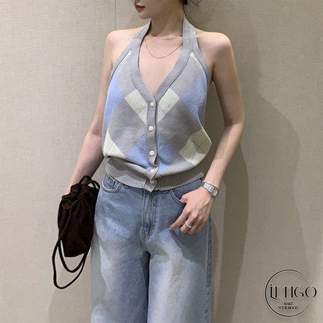 레티고 반전 백리스 슬림핏 홀터넥 아가일 니트 나시