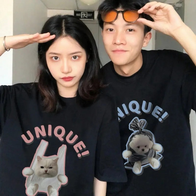 1+1 남녀공용 귀여운 캐릭터 동물 프린트 티셔츠 오버핏 반팔티 커플티