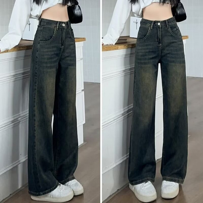 워싱 구제 빈티지 청바지 여패션 아메리칸 하이 스트리트 바이브 일자 팬츠 약간 크린핏 팬츠