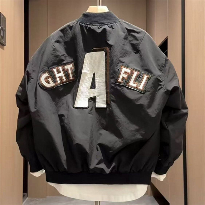 AOKADA 남녀공용 붐 가을 야구점퍼 커플 지퍼 헨리넥 바시티 점퍼 자수 항공점퍼