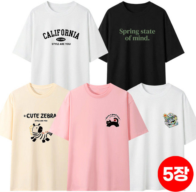 (5장세트 장당6980) 스타일아유 여성 면100% 편안한 빅사이즈 캐릭터 영문티 프린트 귀여운 반팔 티셔츠 95kg까지 여름 쿨 루즈핏 날씬해보이는 라운드넥 반팔티 TS3969