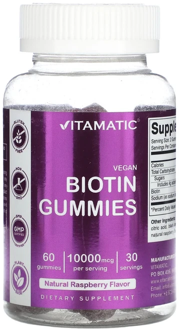 Vitamatic 비건 비오틴 구미젤리 천연 라즈베리 10000mcg 구미젤리 60개(구미젤리 1개당 5000mcg), Vitamatic비건비오틴구미젤리천연라즈베리10000m, 1개, 60정 - 쿠팡