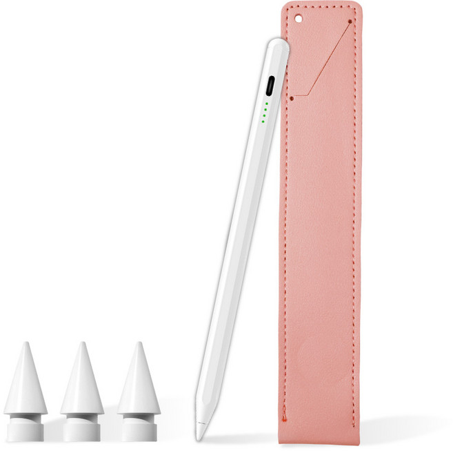 聆翔 主動式電容筆 附皮革筆套與替換筆頭, 1個, ipad觸控筆 3筆頭 櫻霧粉筆套