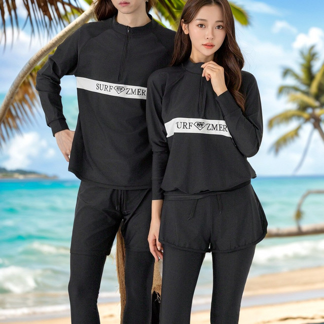 인플리에 커플 래쉬가드 상하의 풀세트 루즈핏 수영복, 블랙, 남자