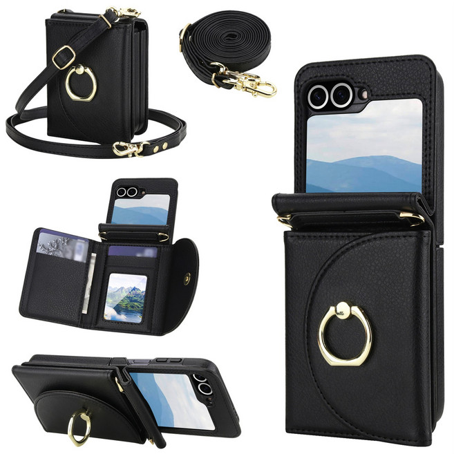 적용 가능 삼성 갤럭시 ZFlip 7 FE 6 5 4 3 폴더블폰케이스 고급 PU 가죽 크로스바디 지갑형 다중 카드슬롯 회전링 스탠드 일체형