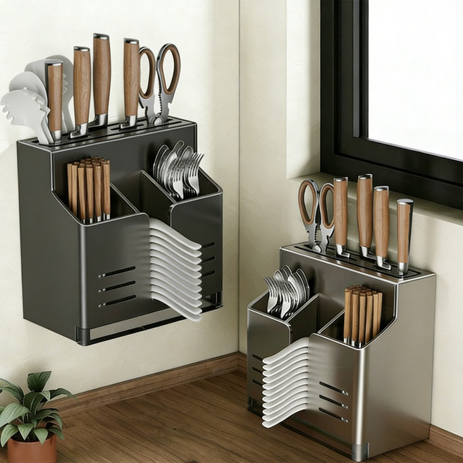 Leesheer 주방 칼꽂이 통풍형 수저통 올인원 물빠짐 칼보관 수저통, 1개, 그레이