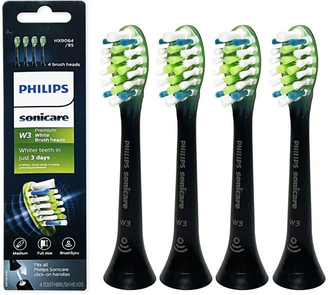 Philips 4 핸들 W2 소닉케어 옵티멀 화이트 HX6063 칫솔 교체용 헤드 블랙 블랙, 1개
